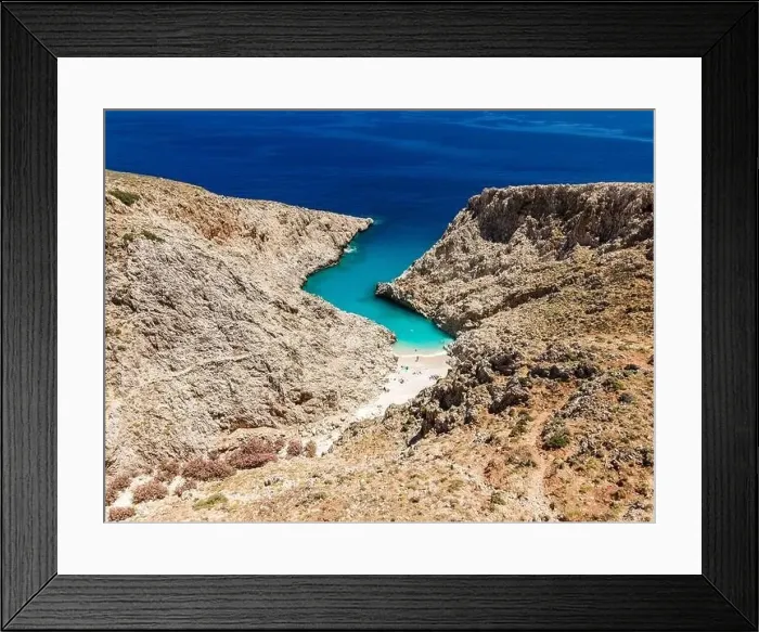 Framed Print : Aerial top view by drone of beach of Seitan Limania in bay with turquoise water and an unusual shape in Akrotiri, Crete Framed Print : Aerial top view by drone of beach of Seitan Limania in bay with turquoise water and an unusual shape in Akrotiri, Crete