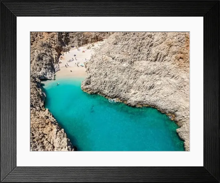 Framed Print : Aerial top view by drone of Seitan limania or Agiou Stefanou beach with turquoise water in Chania Framed Print : Aerial top view by drone of Seitan limania or Agiou Stefanou beach with turquoise water in Chania