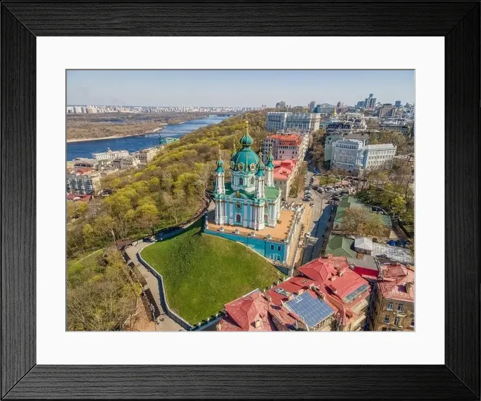 Framed Print : Aerial top view by drone of St. Andrew's Church in Kiev city Framed Print : Aerial top view by drone of St. Andrew's Church in Kiev city