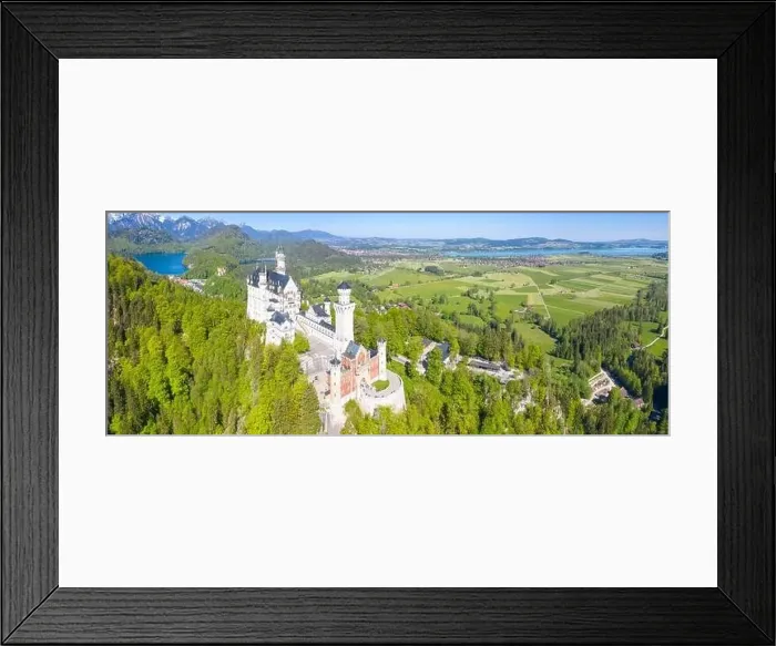 Framed Print : Schloss Neuschwanstein castle aerial view architecture Alps landscape Bavaria Germany travel panorama from above Framed Print : Schloss Neuschwanstein castle aerial view architecture Alps landscape Bavaria Germany travel panorama from above