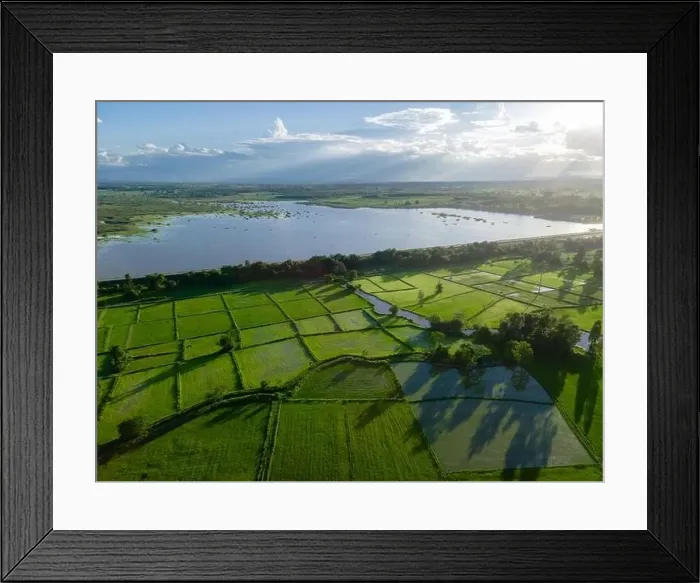 Framed Print : Aerial view of agricultural fields near the reservoir at Ban Rat Samakkhi in nongkhai, thailand