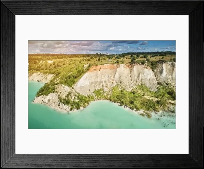 Framed Print : Big cliff to green quarry water aerial drone view Framed Print : Big cliff to green quarry water aerial drone view