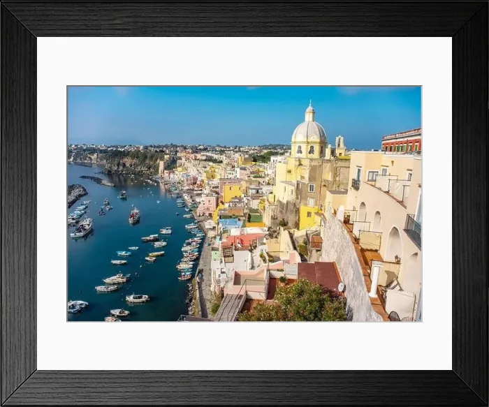 Framed Print : Aerial drone view of Corricella fisherman village in Procida island Naples Italy Framed Print : Aerial drone view of Corricella fisherman village in Procida island Naples Italy