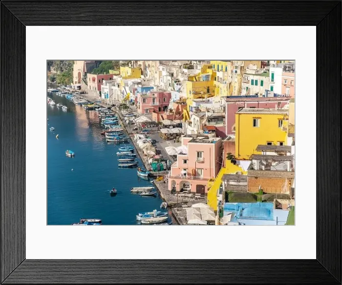 Framed Print : Aerial drone view of Corricella fisherman village in Procida island Naples Italy Framed Print : Aerial drone view of Corricella fisherman village in Procida island Naples Italy