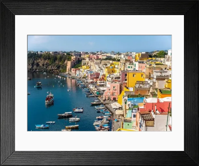 Framed Print : Aerial drone view of Corricella fisherman village in Procida island Naples Italy Framed Print : Aerial drone view of Corricella fisherman village in Procida island Naples Italy