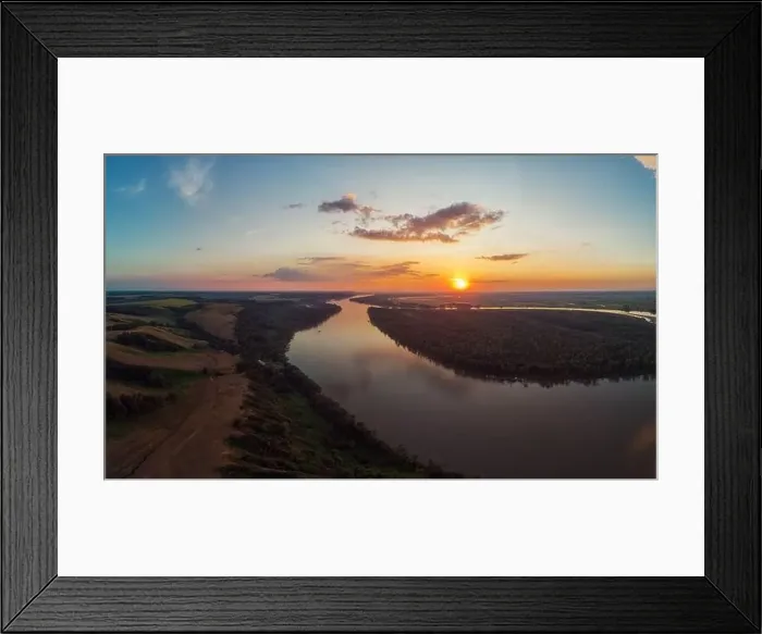 Framed Print : Aerial drone view of river landscape in sunny summer evening Framed Print : Aerial drone view of river landscape in sunny summer evening