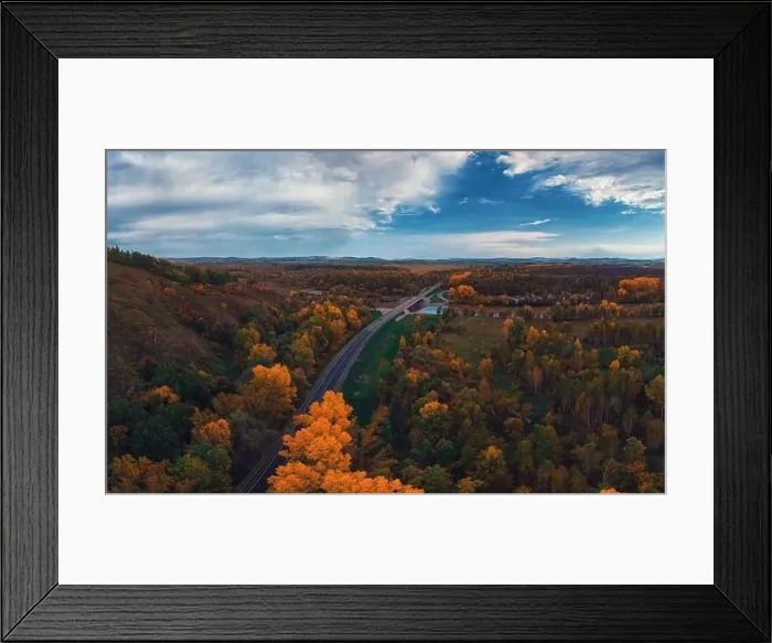 Framed Print : Aerial view of road in beautiful autumn Altai forest Framed Print : Aerial view of road in beautiful autumn Altai forest
