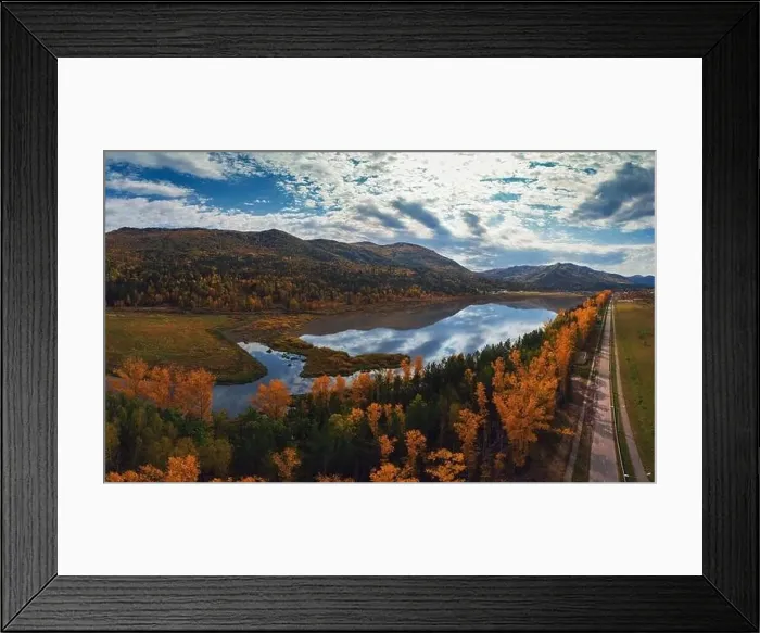 Framed Print : Aerial view of road in beautiful autumn Altai forest Framed Print : Aerial view of road in beautiful autumn Altai forest