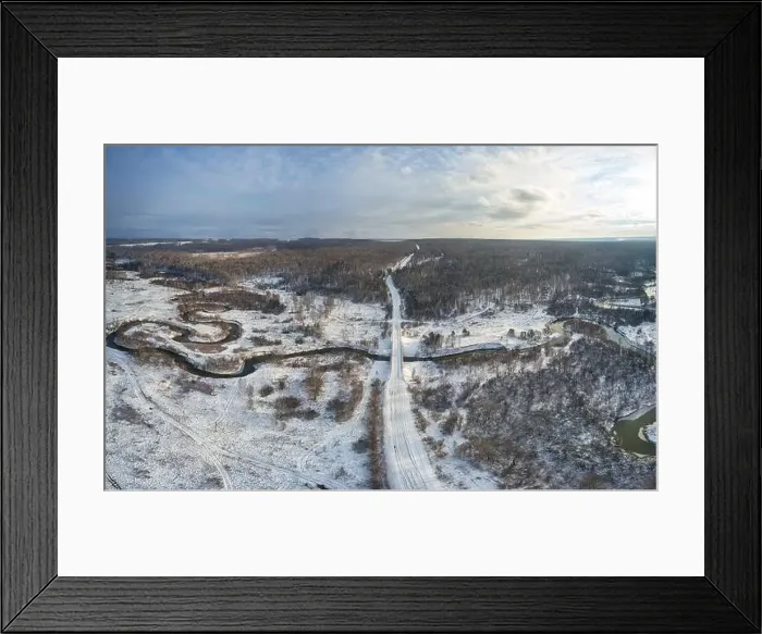 Framed Print : Aerial photo panorama of Koen river and road bridge under ice and snow. Beautiful winter landscape Framed Print : Aerial photo panorama of Koen river and road bridge under ice and snow. Beautiful winter landscape