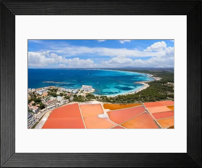 Framed Print : Aerial view of Salines de s'Avall and Es Trenc beach, Colonia de Sant Jordi, Mallorca island, Spain Framed Print : Aerial view of Salines de s'Avall and Es Trenc beach, Colonia de Sant Jordi, Mallorca island, Spain
