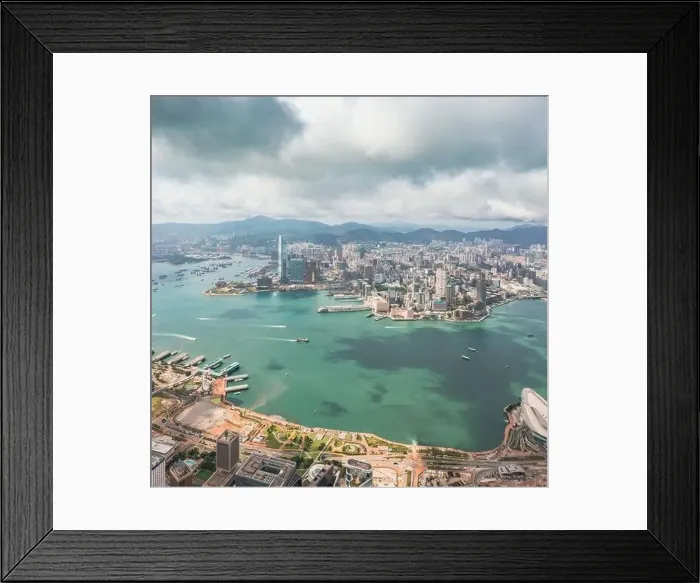 Framed Print : Amazing aerial view of the Victoria Harbour of Hong Kong, Clear sunny day, drone shot panorama Framed Print : Amazing aerial view of the Victoria Harbour of Hong Kong, Clear sunny day, drone shot panorama