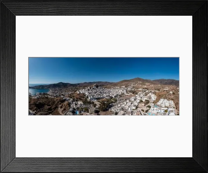 Framed Print : Ios island, Greece Cyclades. Chora town panorama aerial drone view