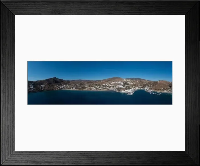 Framed Print : Greece Cyclades. Ios island town and port panoramic aerial drone view Framed Print : Greece Cyclades. Ios island town and port panoramic aerial drone view