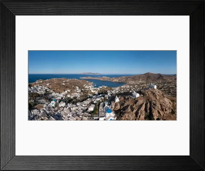 Framed Print : Greece Cyclades. Ios island, Chora town panorama aerial drone view Framed Print : Greece Cyclades. Ios island, Chora town panorama aerial drone view