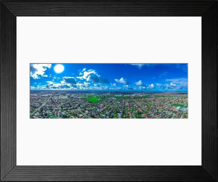 Framed Print : Panoramic aerial Drone view of Melbournes suburbs and CBD looking down at Houses roads and Parks Victoria Australia Framed Print : Panoramic aerial Drone view of Melbournes suburbs and CBD looking down at Houses roads and Parks Victoria Australia