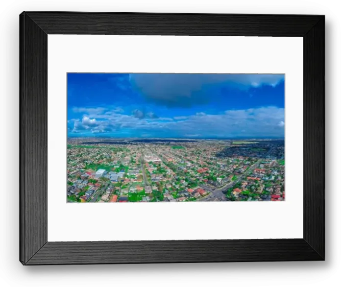 Framed Print : Panoramic aerial Drone view of Melbournes suburbs and CBD looking down at Houses roads and Parks Victoria Australia Framed Print : Panoramic aerial Drone view of Melbournes suburbs and CBD looking down at Houses roads and Parks Victoria Australia