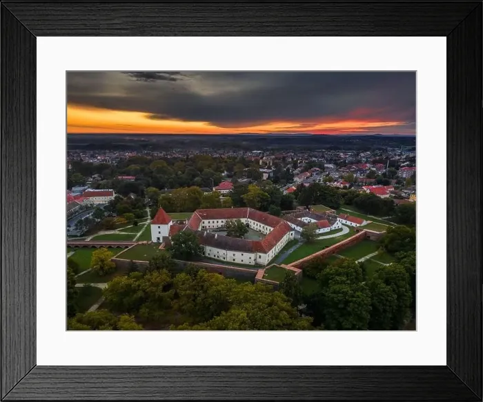 Framed Print : Sarvar, Hungary - Aerial panoramic view of the Castle of Sarvar (Nadasdy castle) with Sarvar Arboretum Framed Print : Sarvar, Hungary - Aerial panoramic view of the Castle of Sarvar (Nadasdy castle) with Sarvar Arboretum