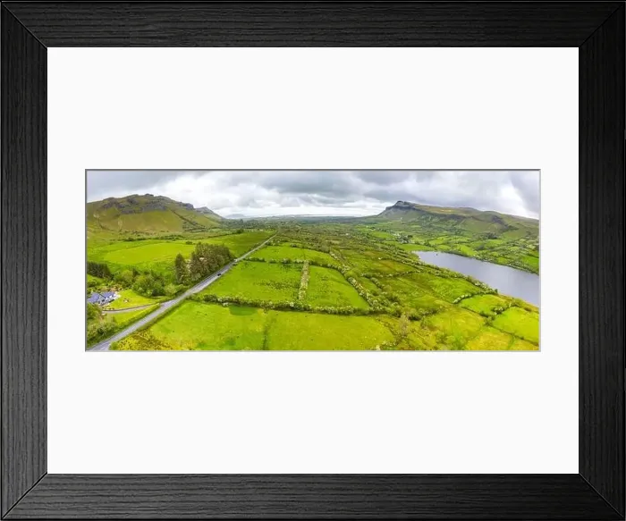 Framed Print : Aerial view fields next to Glencar Lough in Ireland Framed Print : Aerial view fields next to Glencar Lough in Ireland