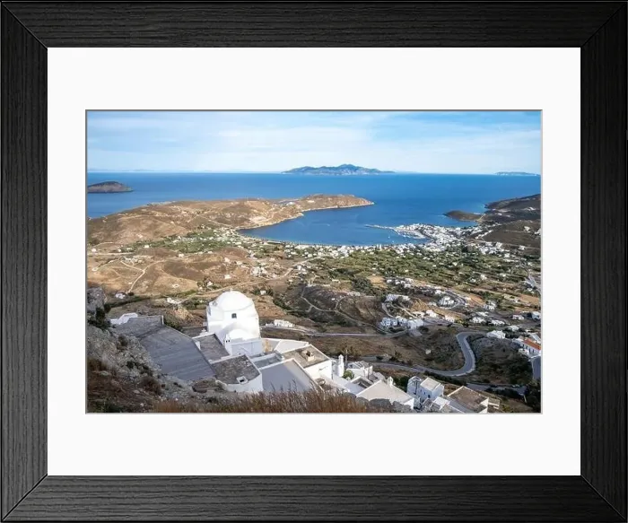 Framed Print : Greece Serifos island, Livadi cityscape and port aerial drone view from Chora town Framed Print : Greece Serifos island, Livadi cityscape and port aerial drone view from Chora town