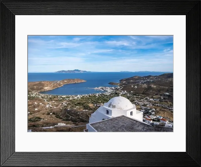 Framed Print : Serifos island, Livadi cityscape and port aerial drone view from Chora town Framed Print : Serifos island, Livadi cityscape and port aerial drone view from Chora town