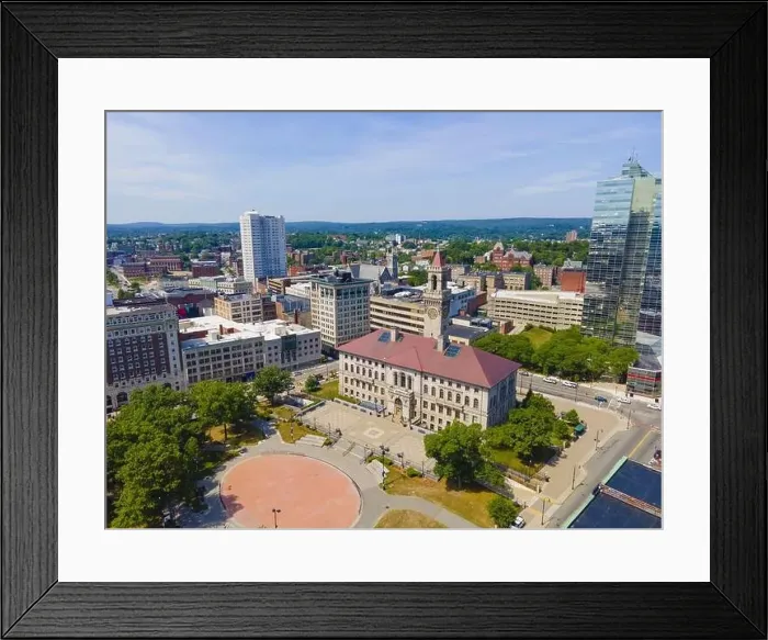 Framed Print : Aerial view of Worcester historic center including Worcester City Hall on Main Street with modern skyline at background Framed Print : Aerial view of Worcester historic center including Worcester City Hall on Main Street with modern skyline at background