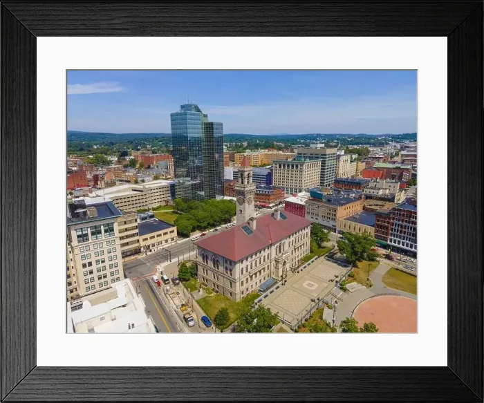 Framed Print : Worcester City Hall aerial view and Worcester Plaza building on Main Street with modern skyline at the background Framed Print : Worcester City Hall aerial view and Worcester Plaza building on Main Street with modern skyline at the background