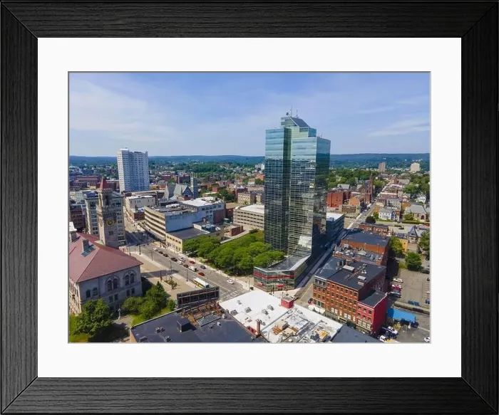 Framed Print : Worcester City Hall aerial view and Worcester Plaza building on Main Street with modern skyline at the background Framed Print : Worcester City Hall aerial view and Worcester Plaza building on Main Street with modern skyline at the background