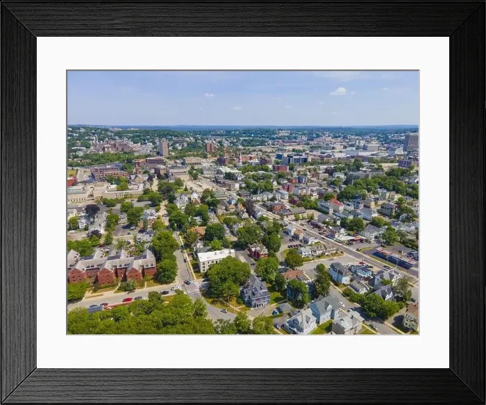 Framed Print : Aerial view of Worcester historic downtown at Main Street in summer, Worcester, Massachusetts MA, USA