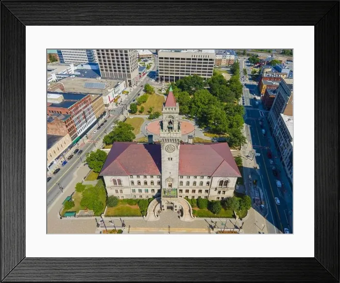Framed Print : Aerial view of Worcester historic center including Worcester City Hall on Main Street with modern skyline at background Framed Print : Aerial view of Worcester historic center including Worcester City Hall on Main Street with modern skyline at background