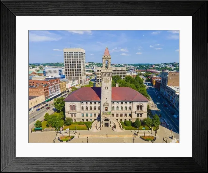 Framed Print : Aerial view of Worcester historic center including Worcester City Hall on Main Street with modern skyline at background Framed Print : Aerial view of Worcester historic center including Worcester City Hall on Main Street with modern skyline at background