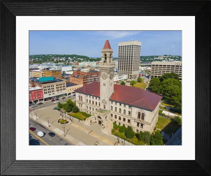 Framed Print : Aerial view of Worcester historic center including Worcester City Hall on Main Street with modern skyline at background Framed Print : Aerial view of Worcester historic center including Worcester City Hall on Main Street with modern skyline at background