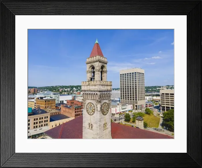 Framed Print : Aerial view of Worcester historic center including Worcester City Hall on Main Street with modern skyline at background Framed Print : Aerial view of Worcester historic center including Worcester City Hall on Main Street with modern skyline at background