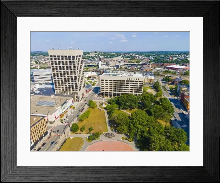 Framed Print : Worcester city center aerial view including Mercantile Center building near city hall with modern skyline at background Framed Print : Worcester city center aerial view including Mercantile Center building near city hall with modern skyline at background