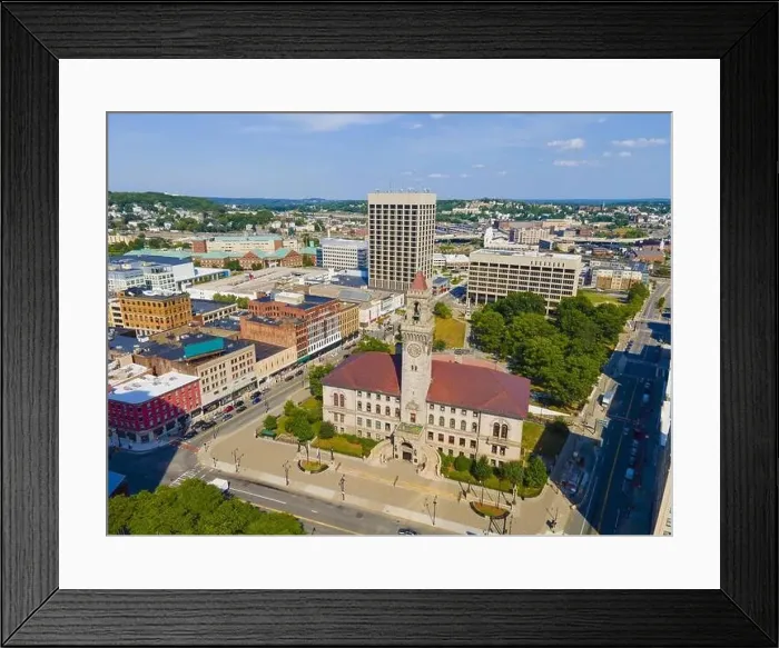 Framed Print : Aerial view of Worcester historic center including Worcester City Hall on Main Street with modern skyline at background Framed Print : Aerial view of Worcester historic center including Worcester City Hall on Main Street with modern skyline at background