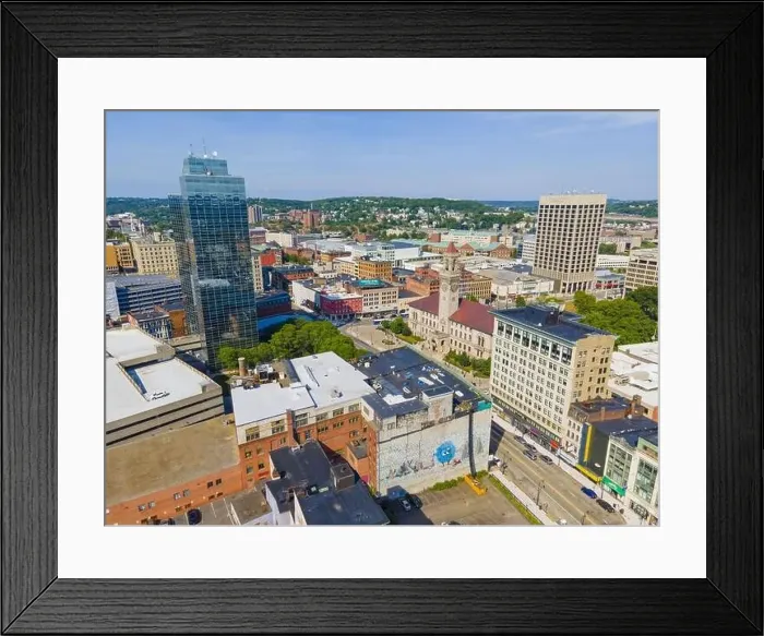 Framed Print : Worcester City Hall aerial view and Worcester Plaza building on Main Street with modern skyline at the background Framed Print : Worcester City Hall aerial view and Worcester Plaza building on Main Street with modern skyline at the background