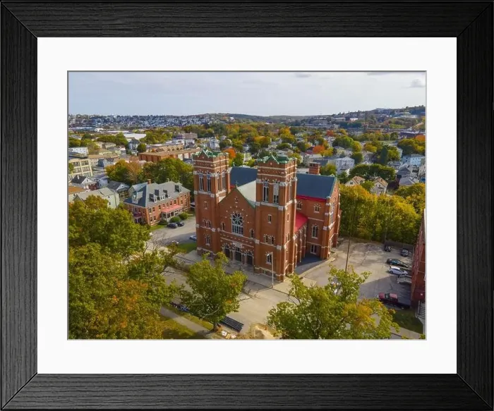 Framed Print : Belmont AME Zion Church aerial view in fall with fall foliage at 55 Illinois Street in city of Worcester Framed Print : Belmont AME Zion Church aerial view in fall with fall foliage at 55 Illinois Street in city of Worcester
