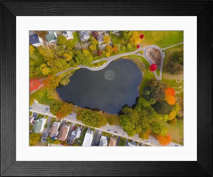 Framed Print : Top view of Crystal Pond in University Park near Clark University in fall with fall foliage in city center of Worcester Framed Print : Top view of Crystal Pond in University Park near Clark University in fall with fall foliage in city center of Worcester