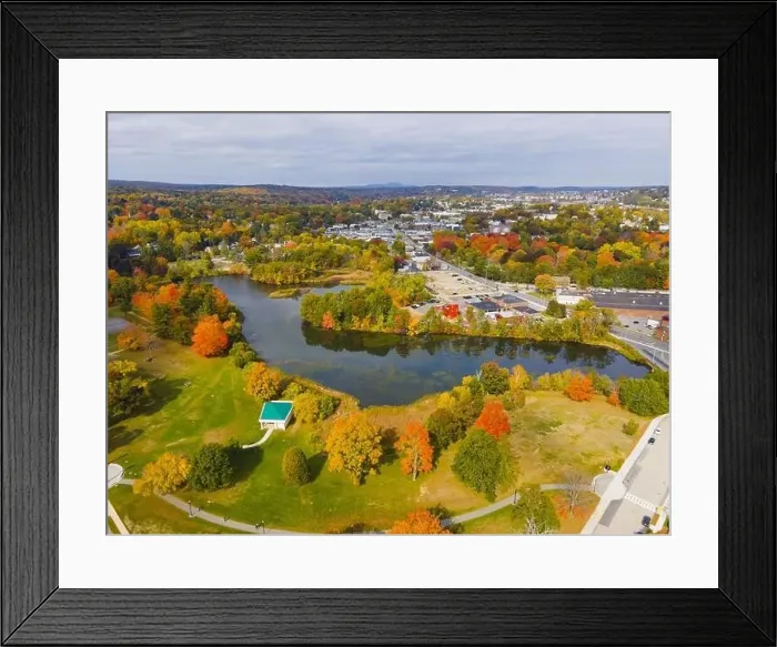 Framed Print : Salisbury Pond and Institute Park aerial view in fall with fall foliage in city center of Worcester Framed Print : Salisbury Pond and Institute Park aerial view in fall with fall foliage in city center of Worcester
