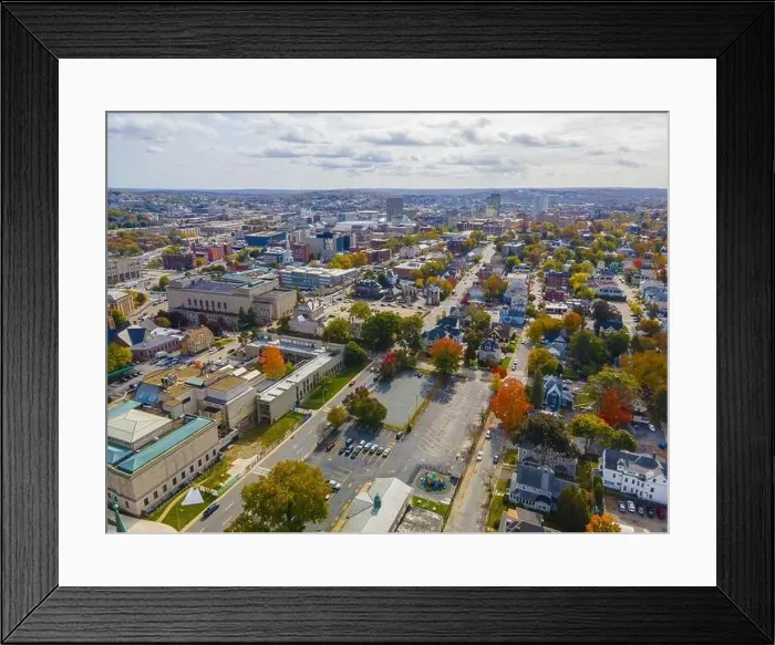 Framed Print : Aerial view of historic downtown Worcester with fall foliage in city of Worcester, Massachusetts MA, USA Framed Print : Aerial view of historic downtown Worcester with fall foliage in city of Worcester, Massachusetts MA, USA