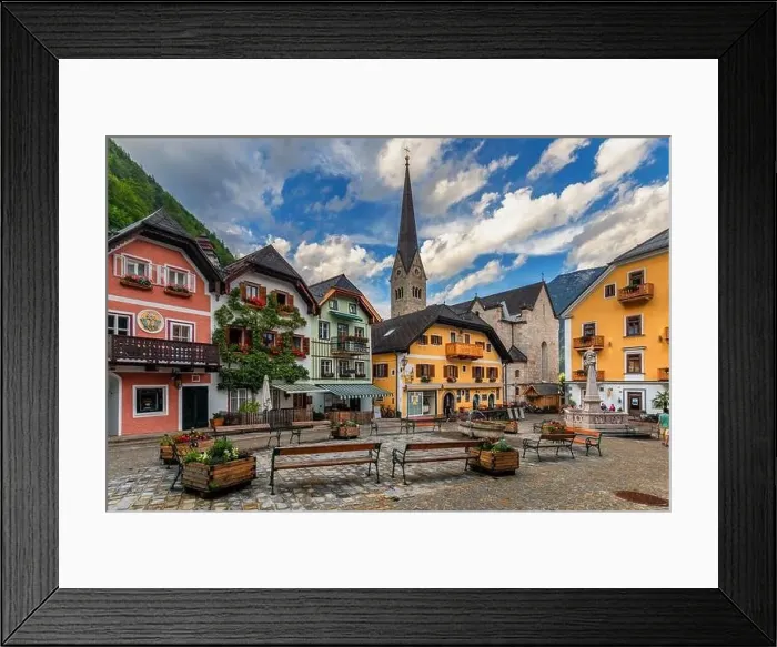 Framed Print : View of famous Hallstatt mountain village in the Austrian Alps at beautiful light in summer Framed Print : View of famous Hallstatt mountain village in the Austrian Alps at beautiful light in summer