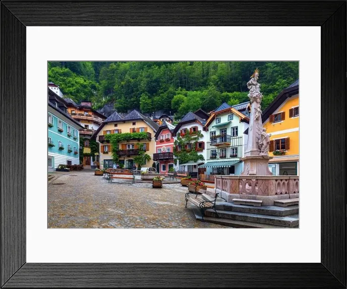 Framed Print : Scenic picture-postcard view of famous Hallstatt mountain village in the Austrian Alps Framed Print : Scenic picture-postcard view of famous Hallstatt mountain village in the Austrian Alps