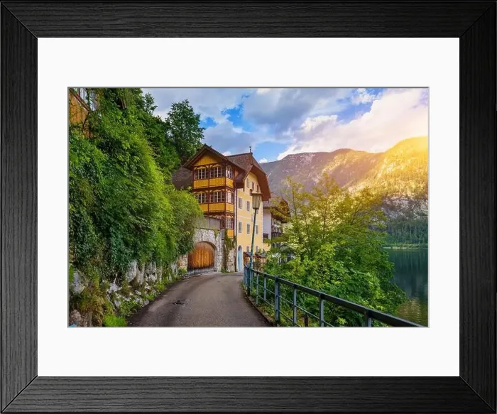 Framed Print : View of famous Hallstatt mountain village in the Austrian Alps at beautiful light in summer Framed Print : View of famous Hallstatt mountain village in the Austrian Alps at beautiful light in summer