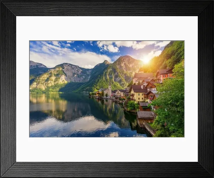 Framed Print : Scenic picture-postcard view of famous Hallstatt mountain village in the Austrian Alps Framed Print : Scenic picture-postcard view of famous Hallstatt mountain village in the Austrian Alps