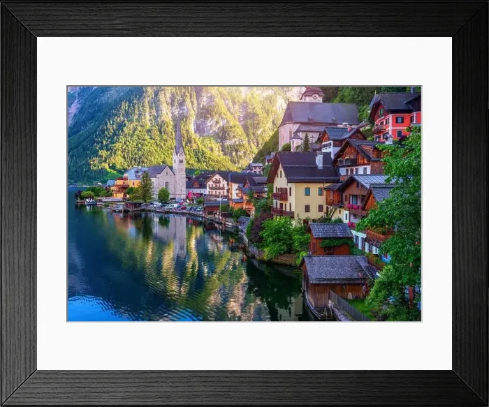 Framed Print : Scenic picture-postcard view of famous Hallstatt mountain village in the Austrian Alps Framed Print : Scenic picture-postcard view of famous Hallstatt mountain village in the Austrian Alps