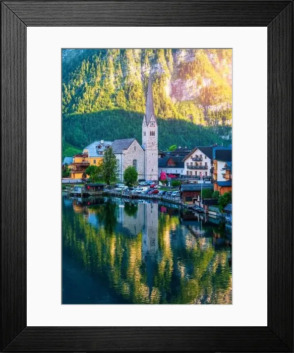 Framed Print : View of famous Hallstatt mountain village in the Austrian Alps at beautiful light in summer Framed Print : View of famous Hallstatt mountain village in the Austrian Alps at beautiful light in summer