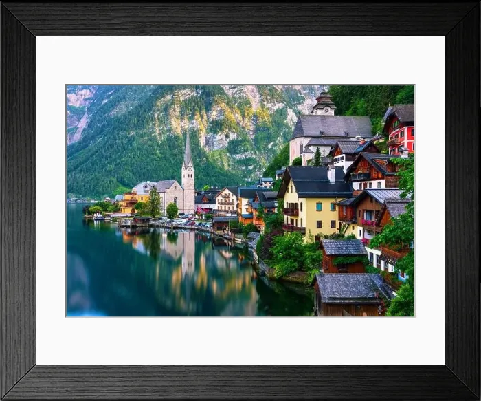 Framed Print : Scenic picture-postcard view of famous Hallstatt mountain village in the Austrian Alps Framed Print : Scenic picture-postcard view of famous Hallstatt mountain village in the Austrian Alps