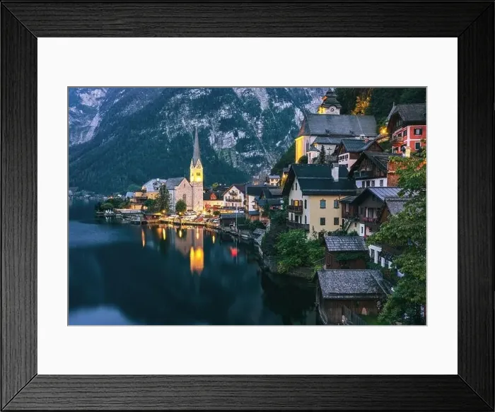 Framed Print : View of famous Hallstatt mountain village in the Austrian Alps at beautiful light in summer Framed Print : View of famous Hallstatt mountain village in the Austrian Alps at beautiful light in summer