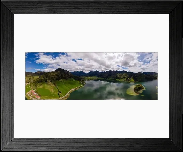 Framed Print : A wide aerial Panorama of laA wide aerial Panorama of lake Schliersee and surrounding mountains in Bavaria