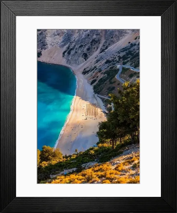 Framed Print : Aerial drone view of iconic turquoise and sapphire bay and beach of Myrtos Framed Print : Aerial drone view of iconic turquoise and sapphire bay and beach of Myrtos