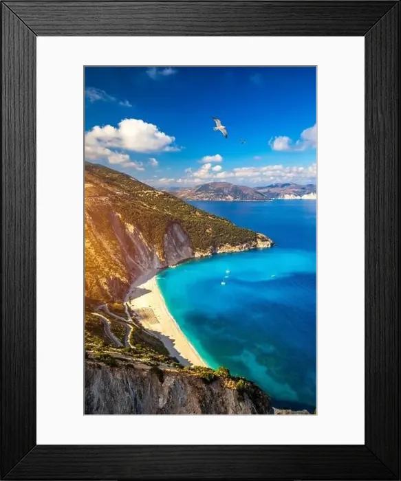 Framed Print : Aerial drone view of iconic turquoise and sapphire bay and beach of Myrtos Framed Print : Aerial drone view of iconic turquoise and sapphire bay and beach of Myrtos